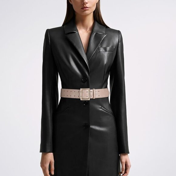 Women Leather Wide Fashion Thick Dress Belt With Gold Buckle Belt Beige Gold - Picture 6 of 7